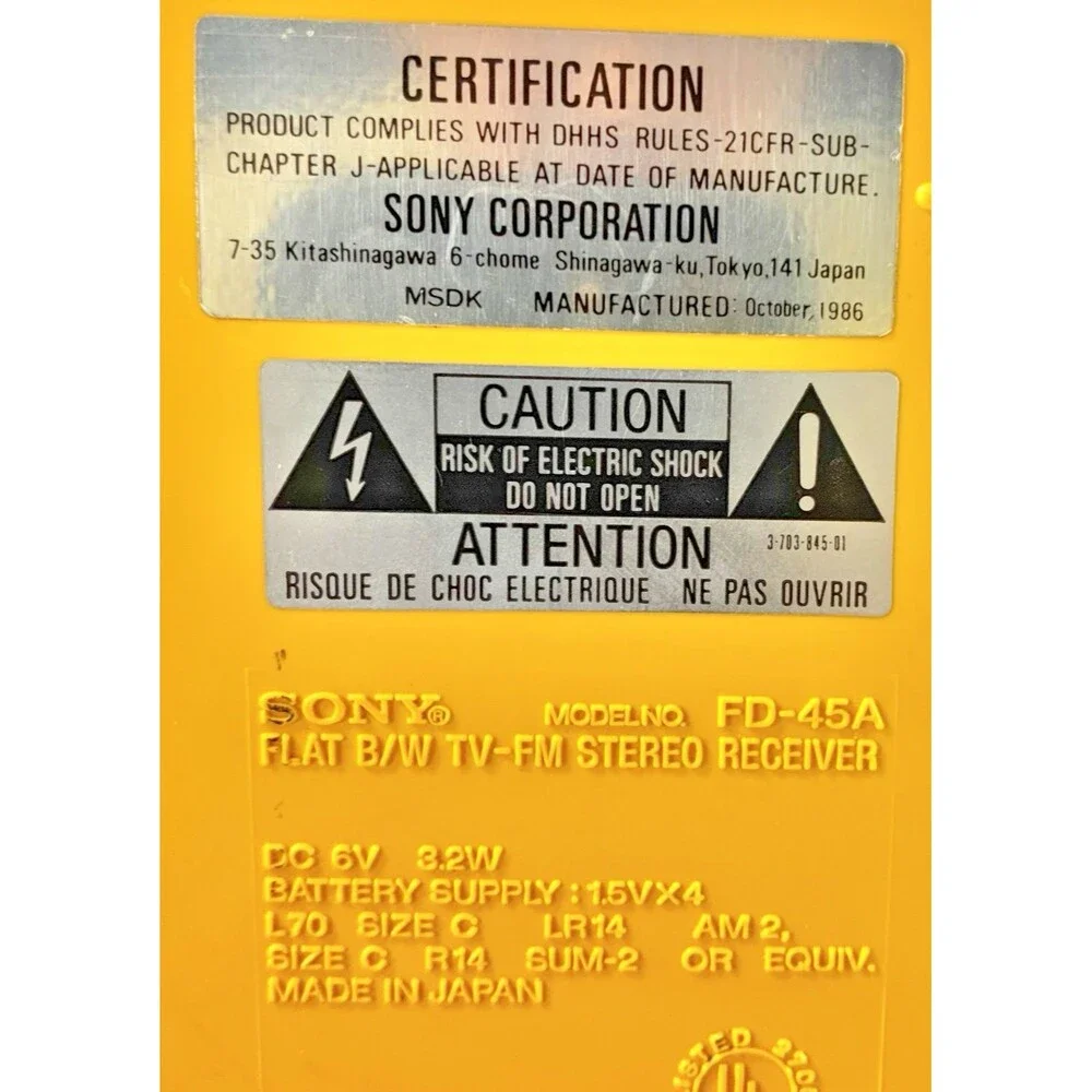 Sony Sports Watchman Model FD-45A Vintage Yellow Portable Radio/TV Parts/Repair